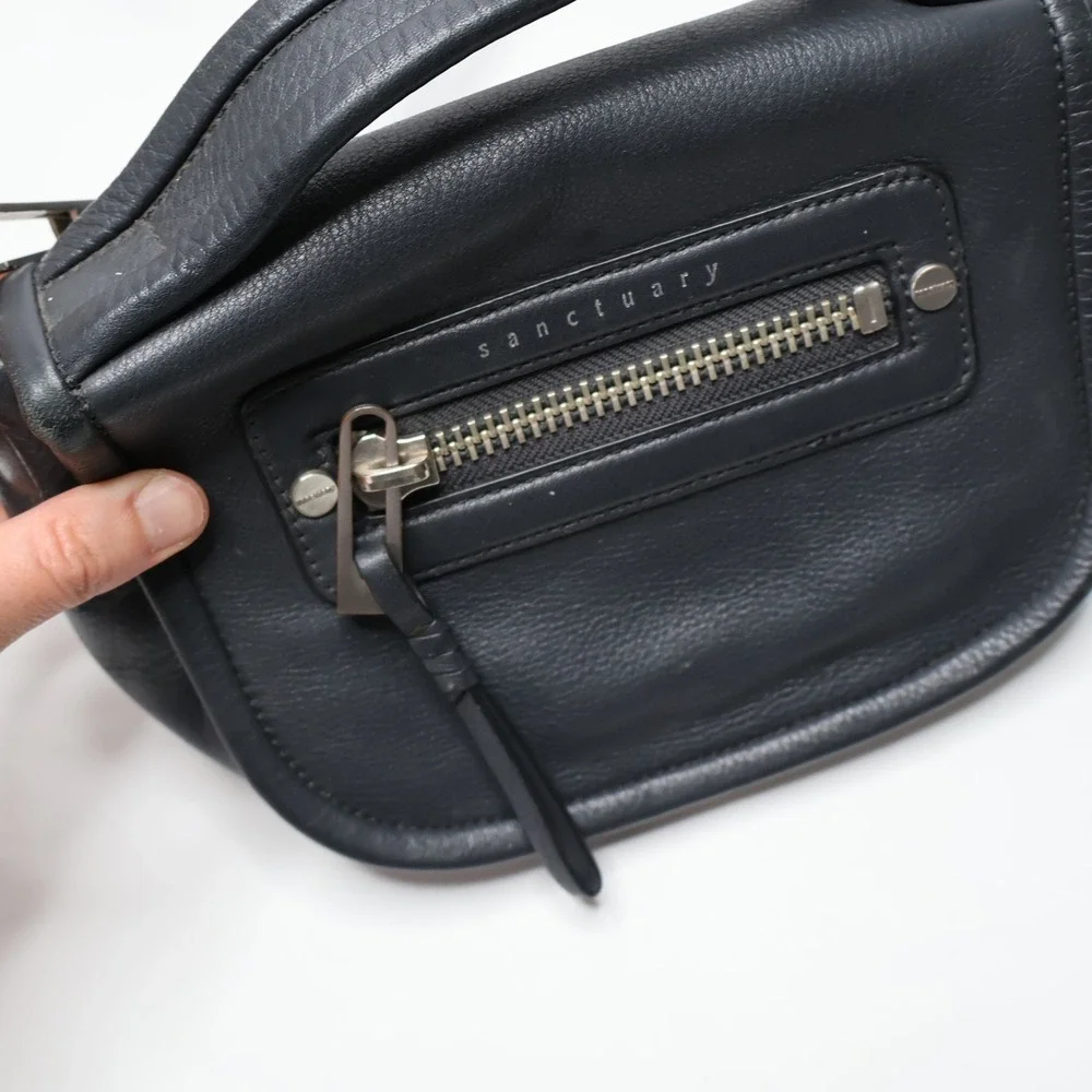 Sanctuary Hero Signature Flap Shoulder‎ Bag Black Leather Zip Small Crossbody